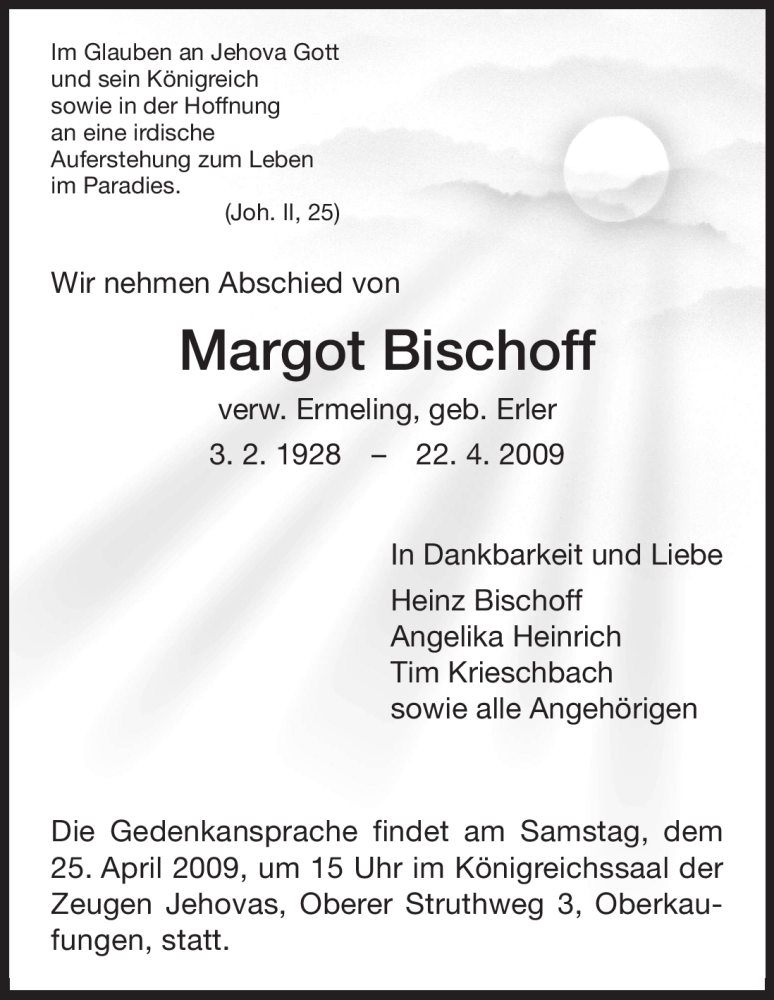 Traueranzeigen Von Margot Bischoff Trauer HNA De