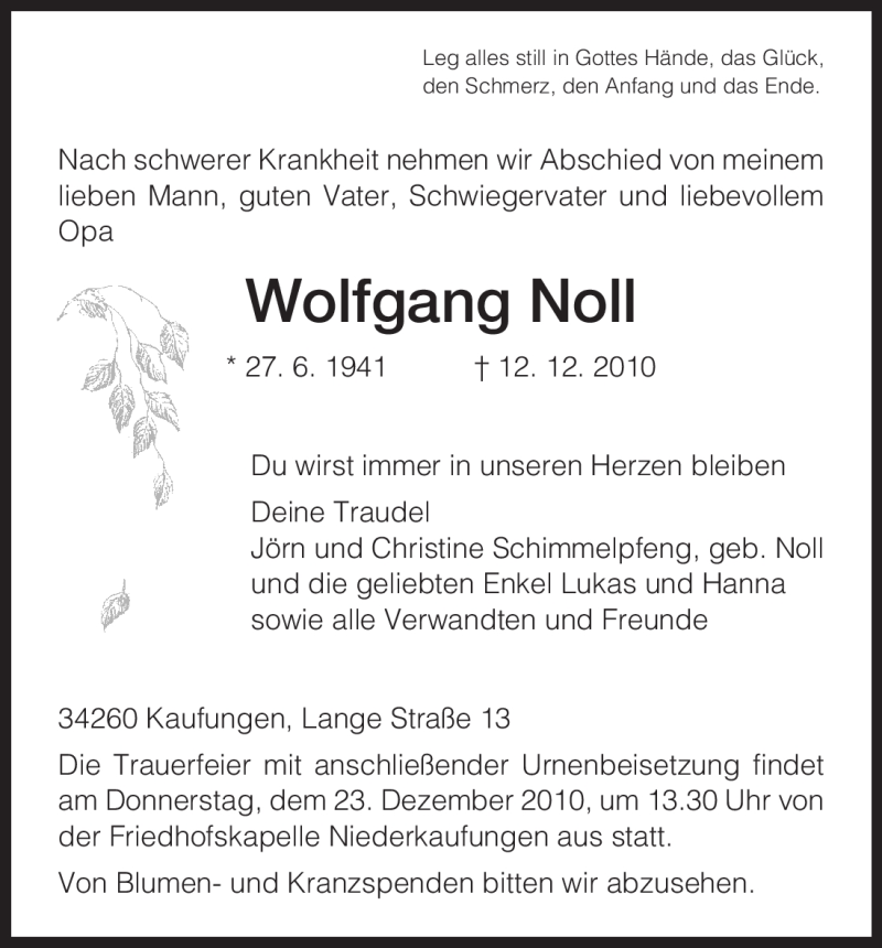 Traueranzeigen Von Wolfgang Noll Trauer HNA De