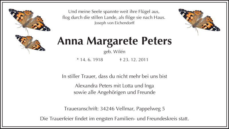 Traueranzeigen Von Anna Margarete Peters Trauer Hna De