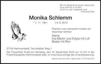 Traueranzeigen Von Monika Schlemm Trauer Hna De