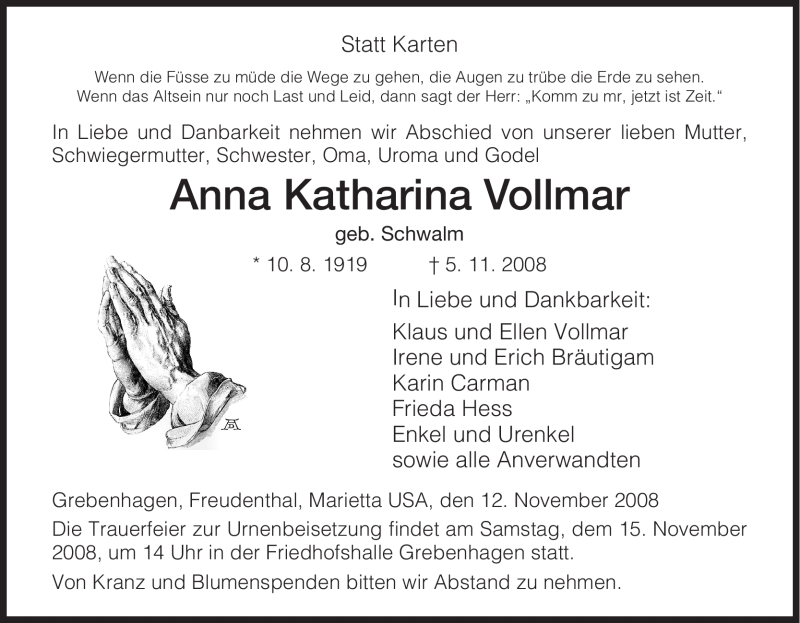 Traueranzeigen Von Anna Katharina Vollmar Trauer Hna De