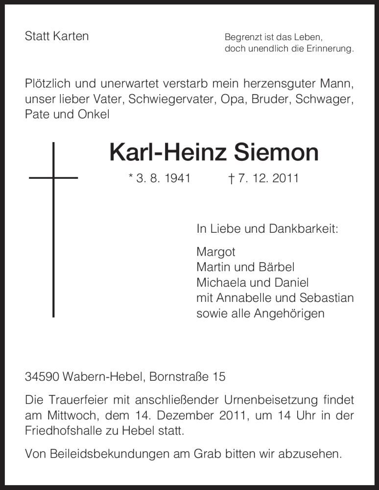 Traueranzeigen Von Karl Heinz Siemon Trauer HNA De