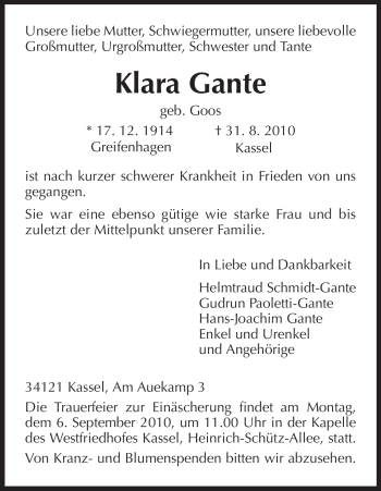 Traueranzeigen Von Klara Gante Trauer HNA De