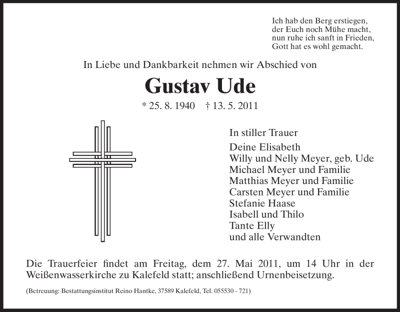 Traueranzeigen Von Gustav Ude Trauer HNA De