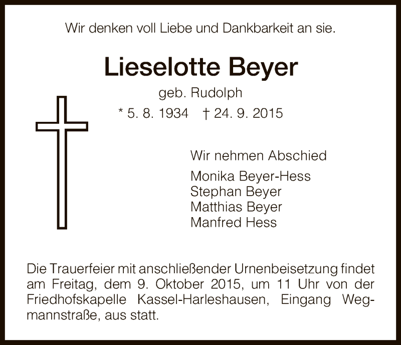 Traueranzeigen Von Lieselotte Beyer Trauer HNA De