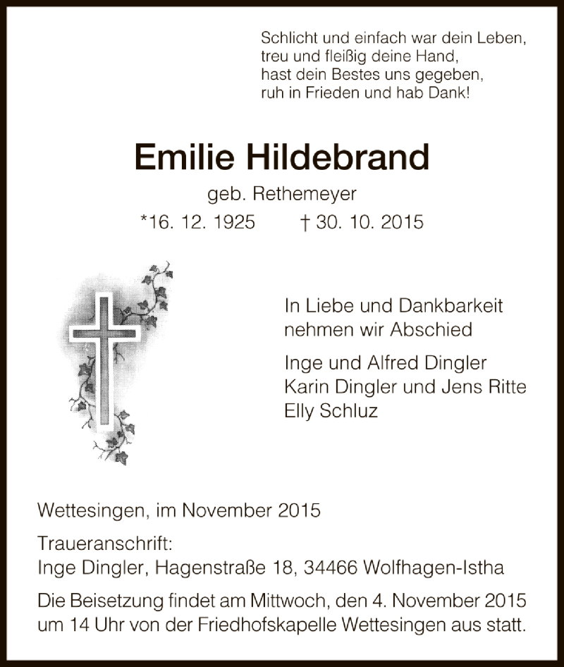 Traueranzeigen Von Emilie Hildebrand Trauer Hna De