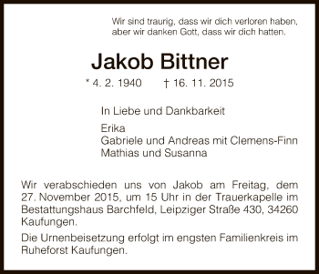 Traueranzeigen Von Jakob Bittner Trauer Hna De