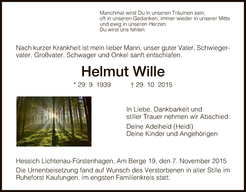 Traueranzeigen Von Helmut Wille Trauer HNA De