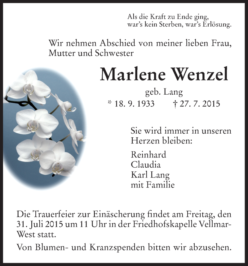 Traueranzeigen Von Marlene Wenzel Trauer HNA De