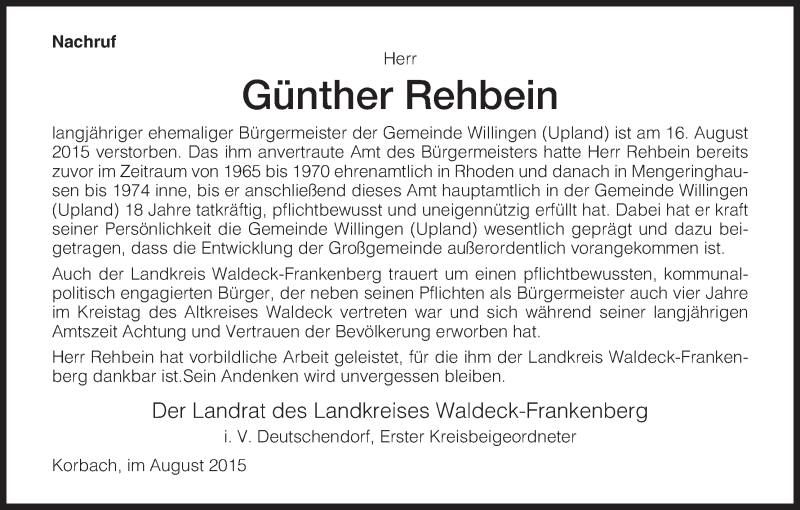 Traueranzeigen von Günther Rehbein Trauer HNA de