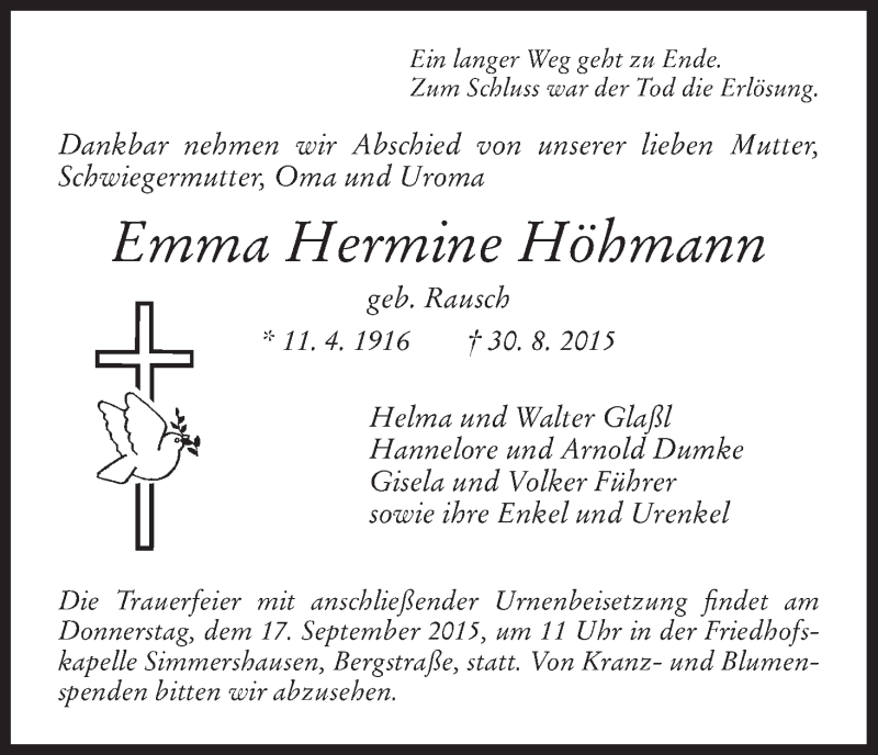 Traueranzeigen Von Emma Hermine H Hmann Trauer Hna De