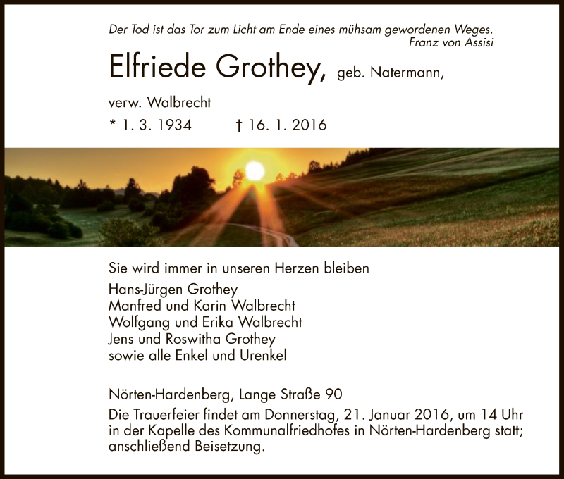 Traueranzeigen Von Elfriede Grothey Trauer Hna De