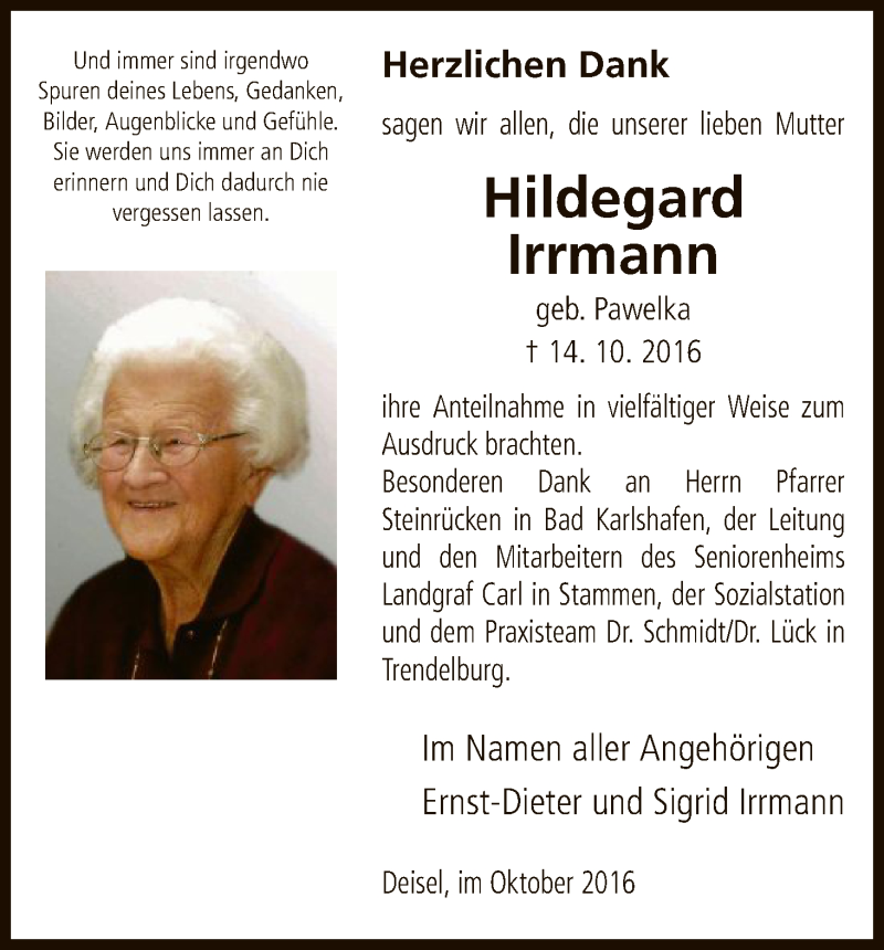 Traueranzeigen Von Irrmann Hildegard Trauer Hna De