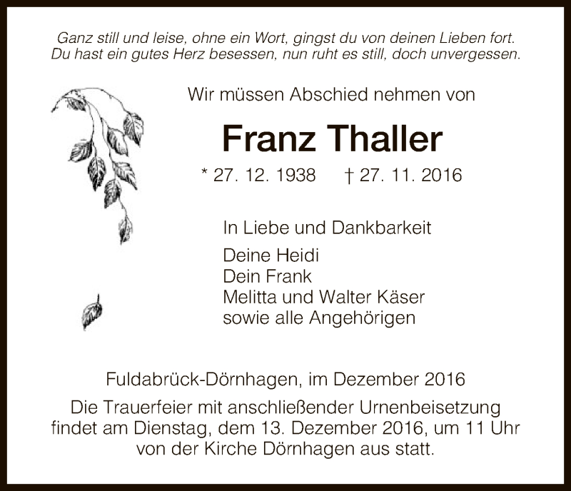 Traueranzeigen Von Franz Thaller Trauer Hna De