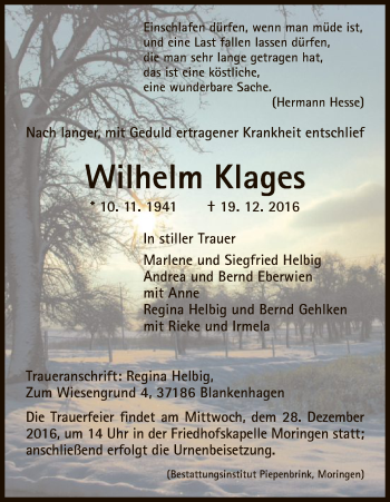 Traueranzeigen Von Wilhelm Klages Trauer HNA De