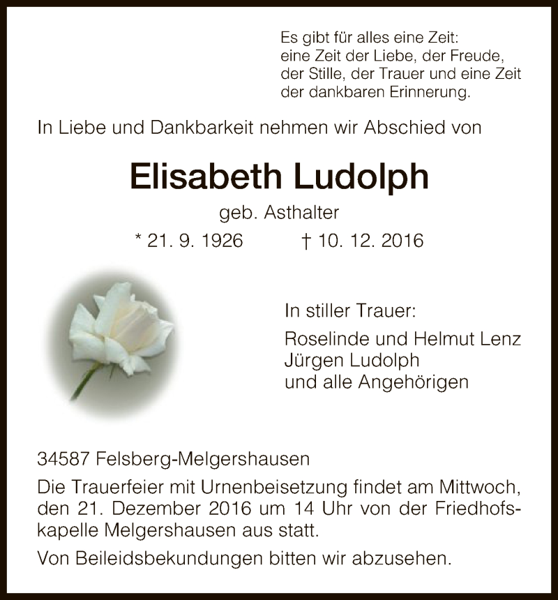 Traueranzeigen Von Elisabeth Ludolph Trauer HNA De