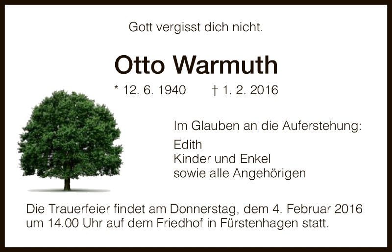 Traueranzeigen Von Otto Warmuth Trauer Hna De