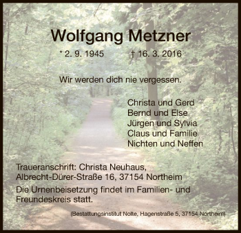 Traueranzeigen Von Wolfgang Metzner Trauer HNA De