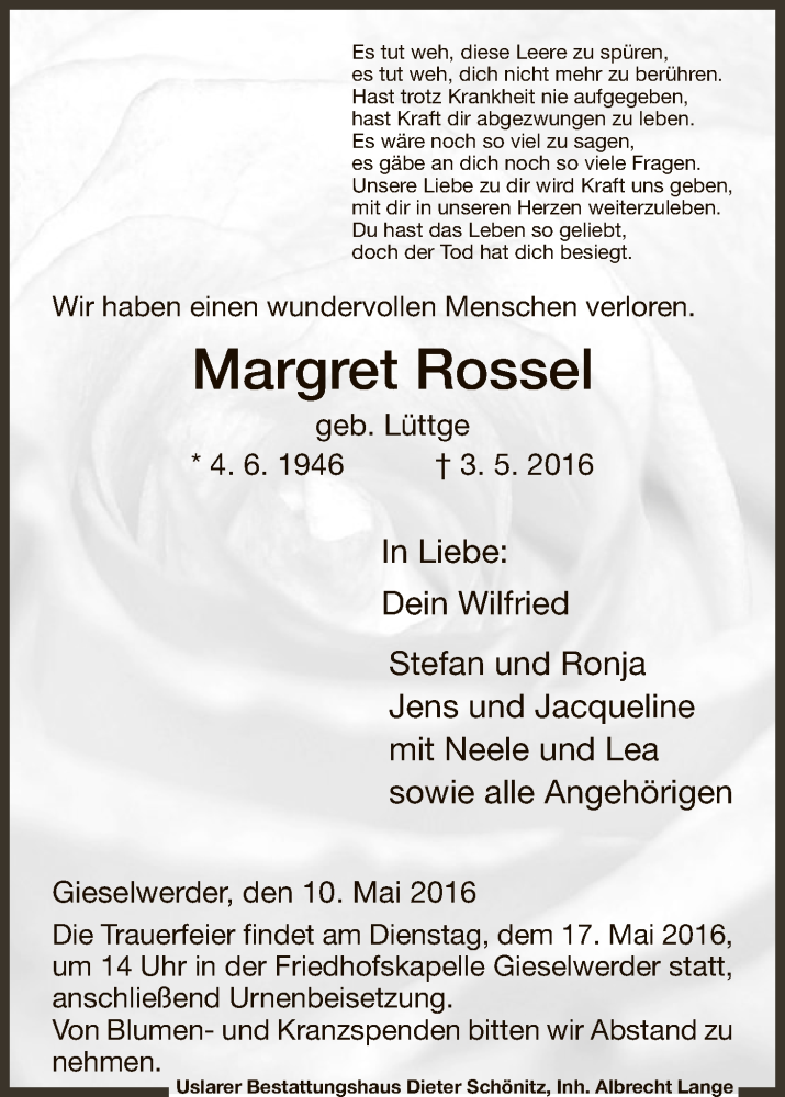 Traueranzeigen Von Margret Rossel Trauer HNA De