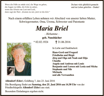 Traueranzeigen Von Maria Briel Trauer Hna De