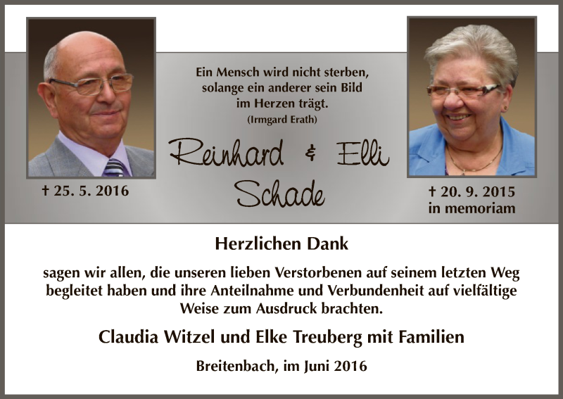 Traueranzeigen Von Reinhard Und Elli Schade Trauer HNA De