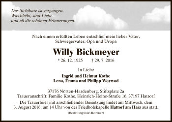 Traueranzeigen Von Willy Bickmeyer Trauer HNA De