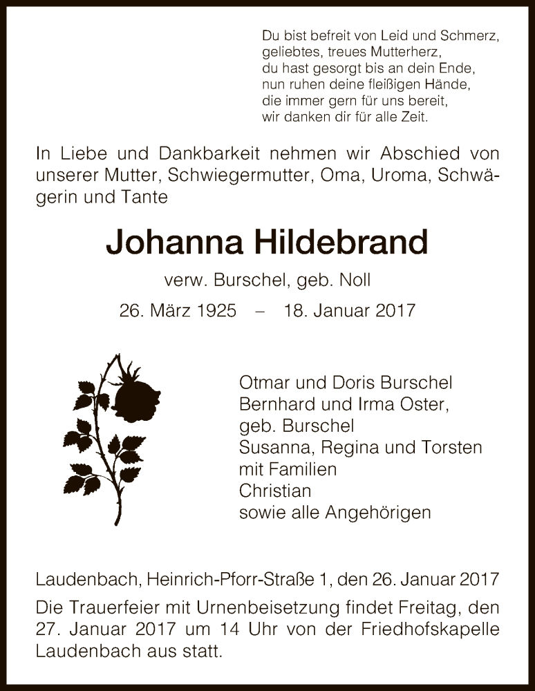 Traueranzeigen Von Johanna Hildebrand Trauer HNA De