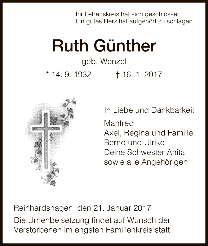 Traueranzeigen von Ruth Günther Trauer HNA de