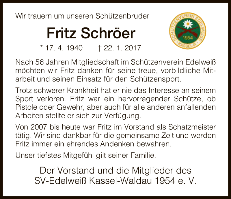 Traueranzeigen von Fritz Schröer Trauer HNA de