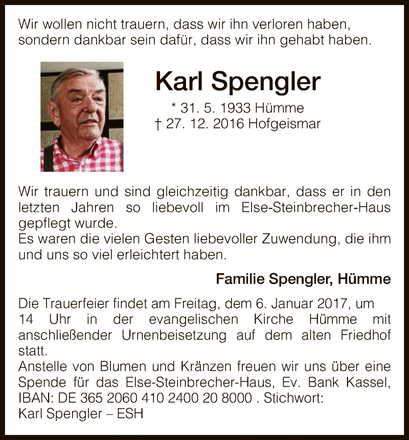 Traueranzeigen Von Karl Spengler Trauer HNA De