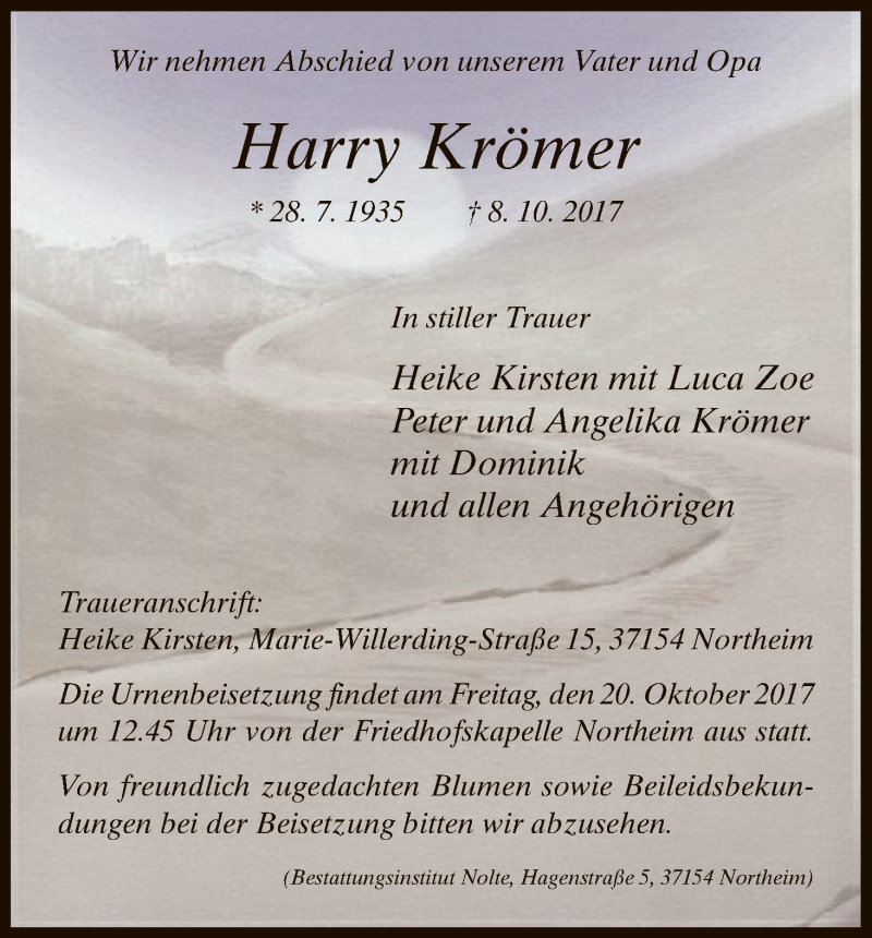 Traueranzeigen Von Harry Kr Mer Trauer Hna De