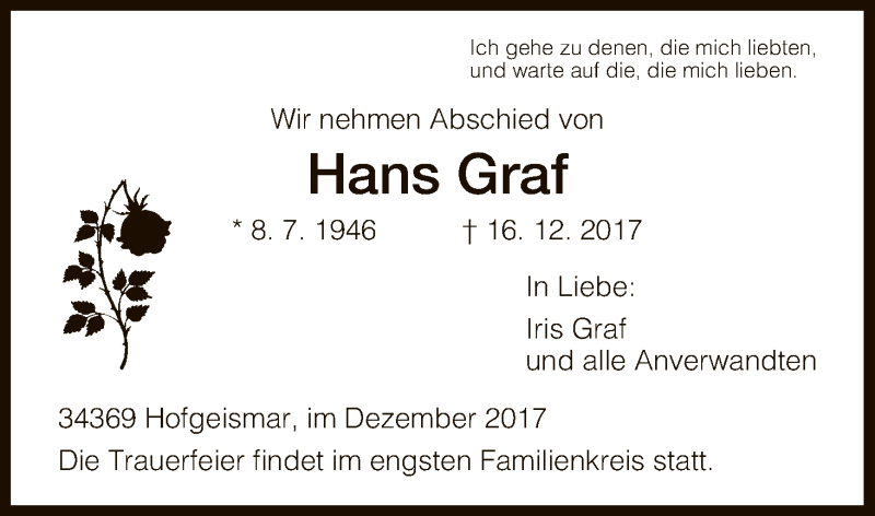 Traueranzeigen Von Hans Graf Trauer HNA De