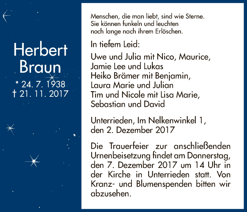 Traueranzeigen Von Herbert Braun Trauer Hna De