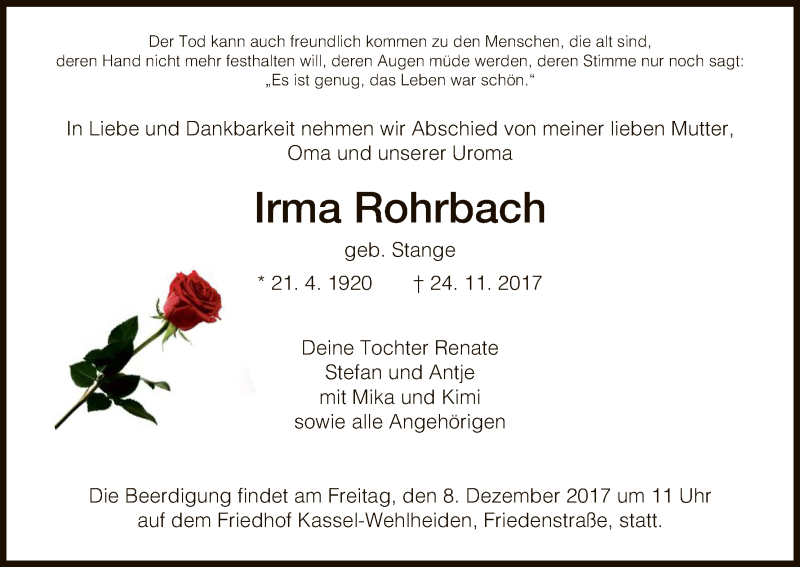 Traueranzeigen Von Irma Rohrbach Trauer Hna De