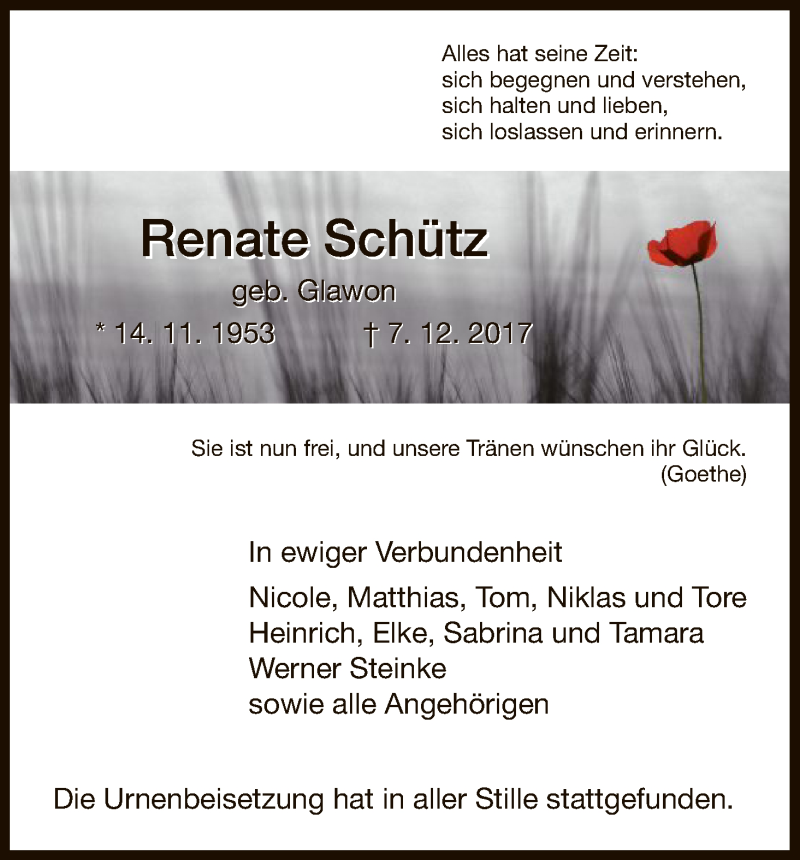 Traueranzeigen von Renate Schütz Trauer HNA de