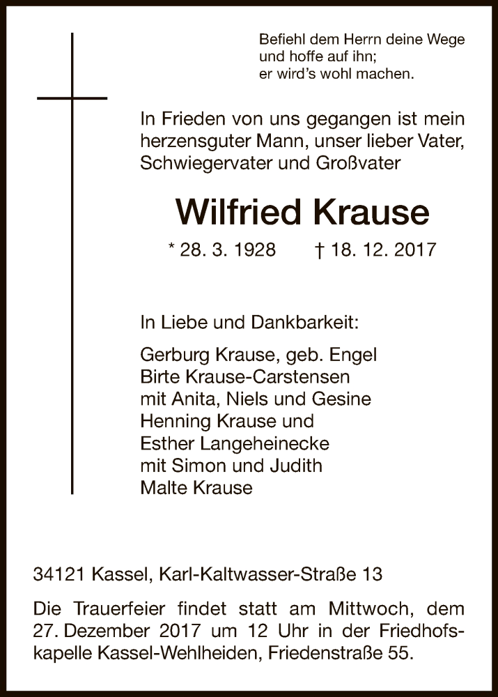 Traueranzeigen Von Wilfried Krause Trauer HNA De