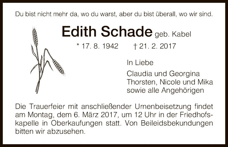 Traueranzeigen Von Edith Schade Trauer HNA De