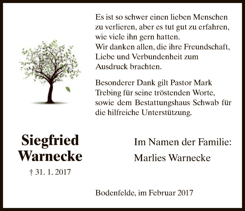 Traueranzeigen Von Siegfried Warnecke Trauer Hna De