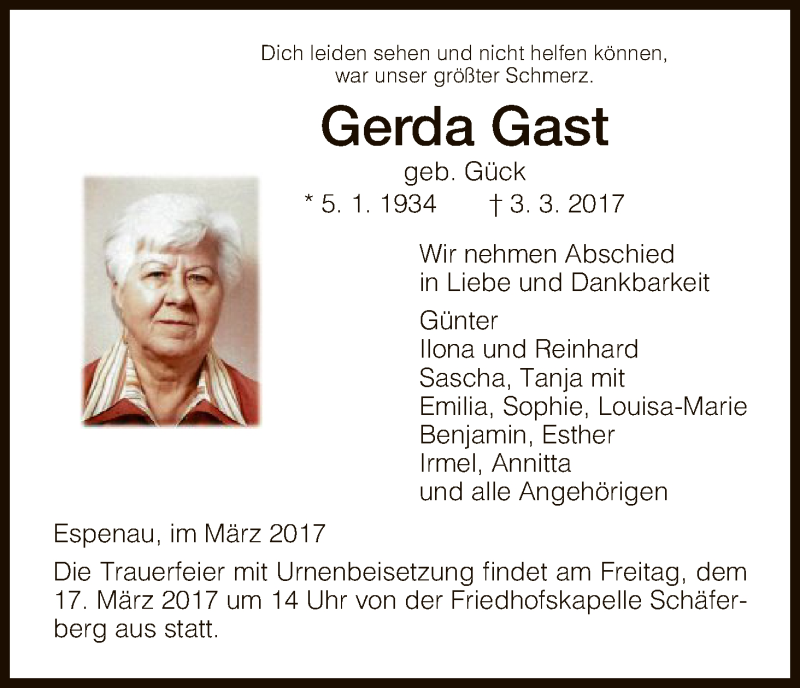 Traueranzeigen Von Gerda Gast Trauer Hna De