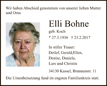 Traueranzeigen Von Elli Bohne Trauer Hna De