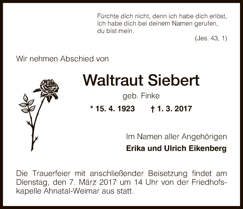 Traueranzeigen Von Waltraut Siebert Trauer Hna De