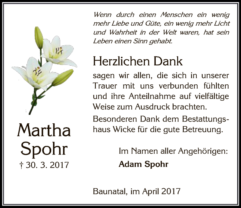 Traueranzeigen Von Martha Spohr Trauer HNA De