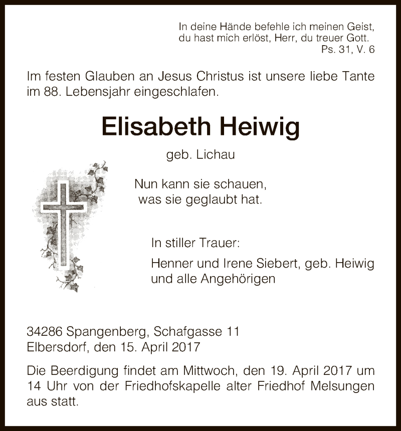 Traueranzeigen Von Elisabeth Heiwig Trauer HNA De