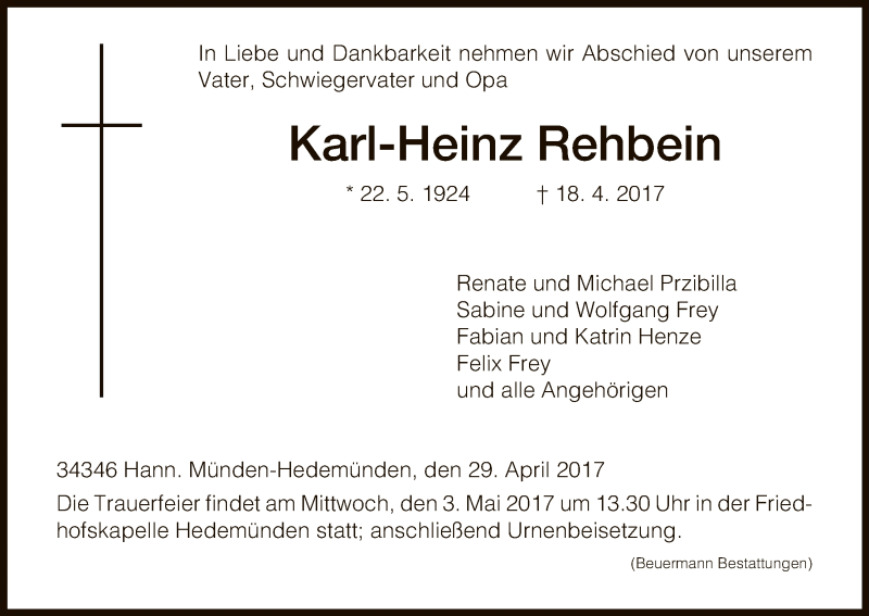 Traueranzeigen Von Karl Heinz Rehbein Trauer HNA De