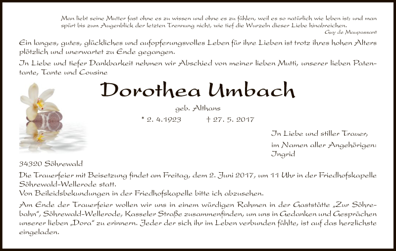 Traueranzeigen Von Dorothea Umbach Trauer Hna De