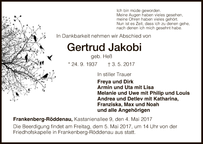 Traueranzeigen Von Gertrud Jakobi Trauer Hna De