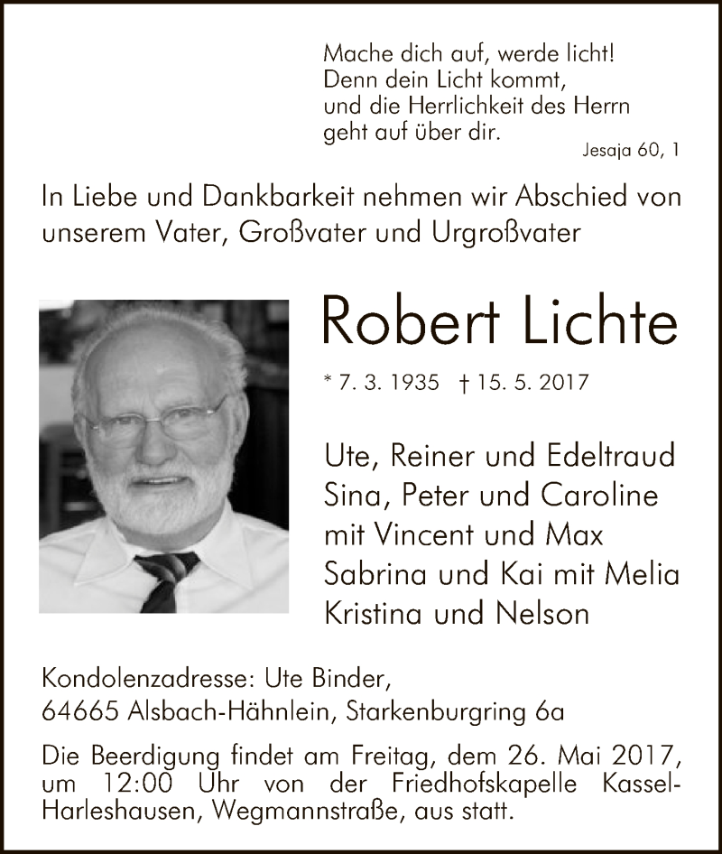 Traueranzeigen Von Robert Lichte Trauer HNA De