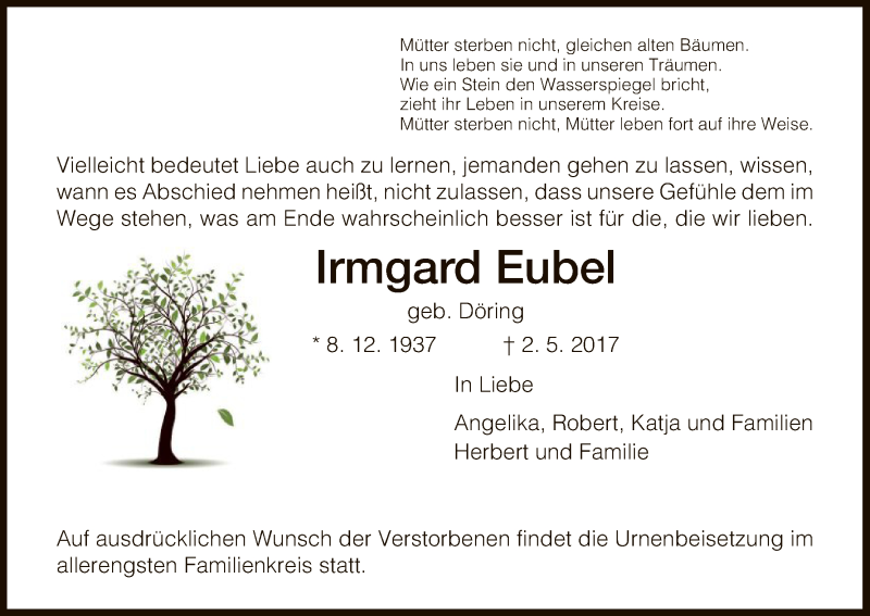 Traueranzeigen Von Irmgard Eubel Trauer Hna De