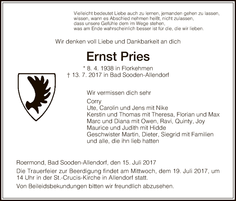 Traueranzeigen Von Ernst Pries Trauer HNA De