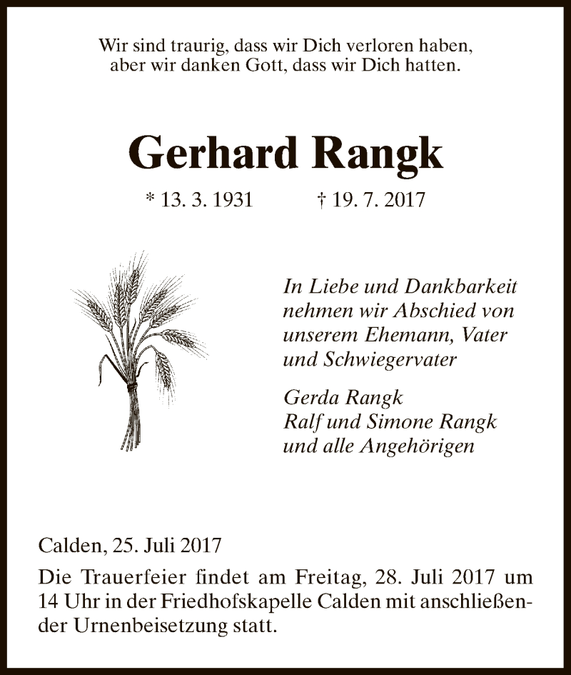 Traueranzeigen Von Gerhard Rangk Trauer HNA De